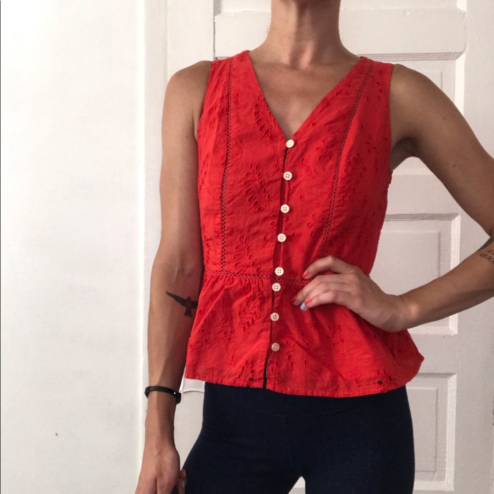 Red Eyelet Peplum Top